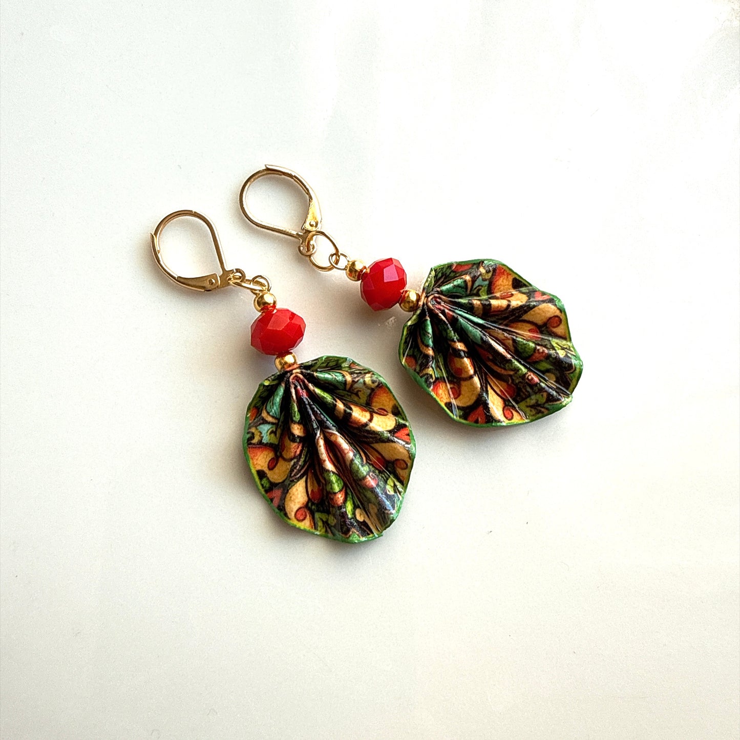 Origami Earrings Green Red : Handmade Paper Jewelry, Lightweight Paper Gift, Rhapsody