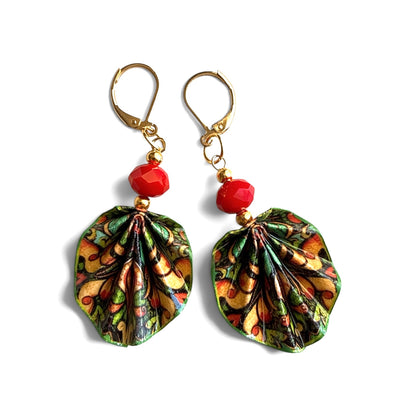 Origami Earrings Green Red : Handmade Paper Jewelry, Lightweight Paper Gift, Rhapsody
