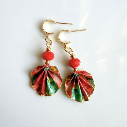 Origami Earrings Green Red : Handmade Paper Jewelry, Lightweight Paper Gift, Flamenco