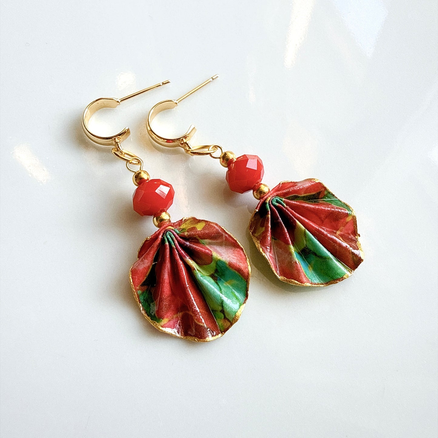 Origami Earrings Green Red : Handmade Paper Jewelry, Lightweight Paper Gift, Flamenco