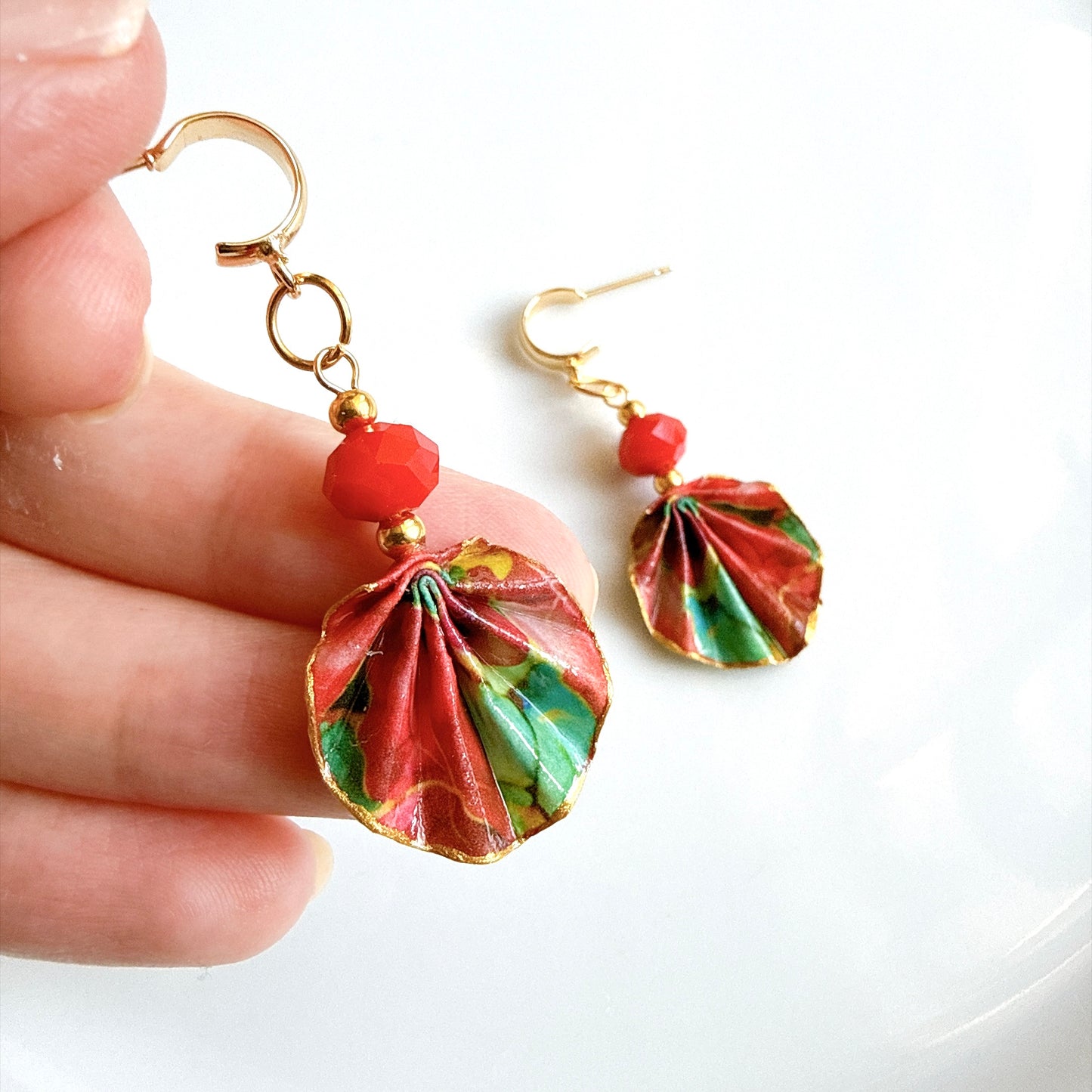 Origami Earrings Green Red : Handmade Paper Jewelry, Lightweight Paper Gift, Flamenco