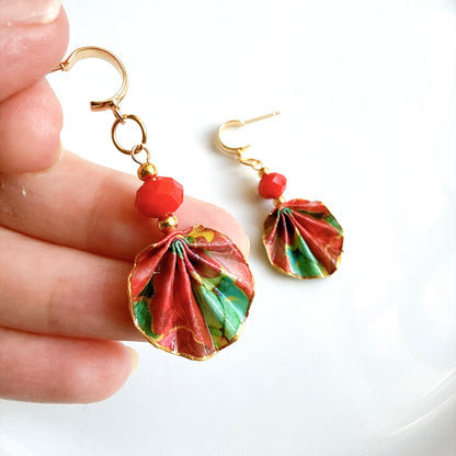 Origami Earrings Green Red : Handmade Paper Jewelry, Lightweight Paper Gift, Flamenco
