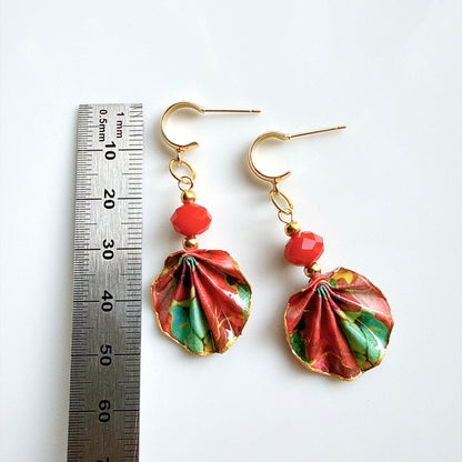 Origami Earrings Green Red : Handmade Paper Jewelry, Lightweight Paper Gift, Flamenco