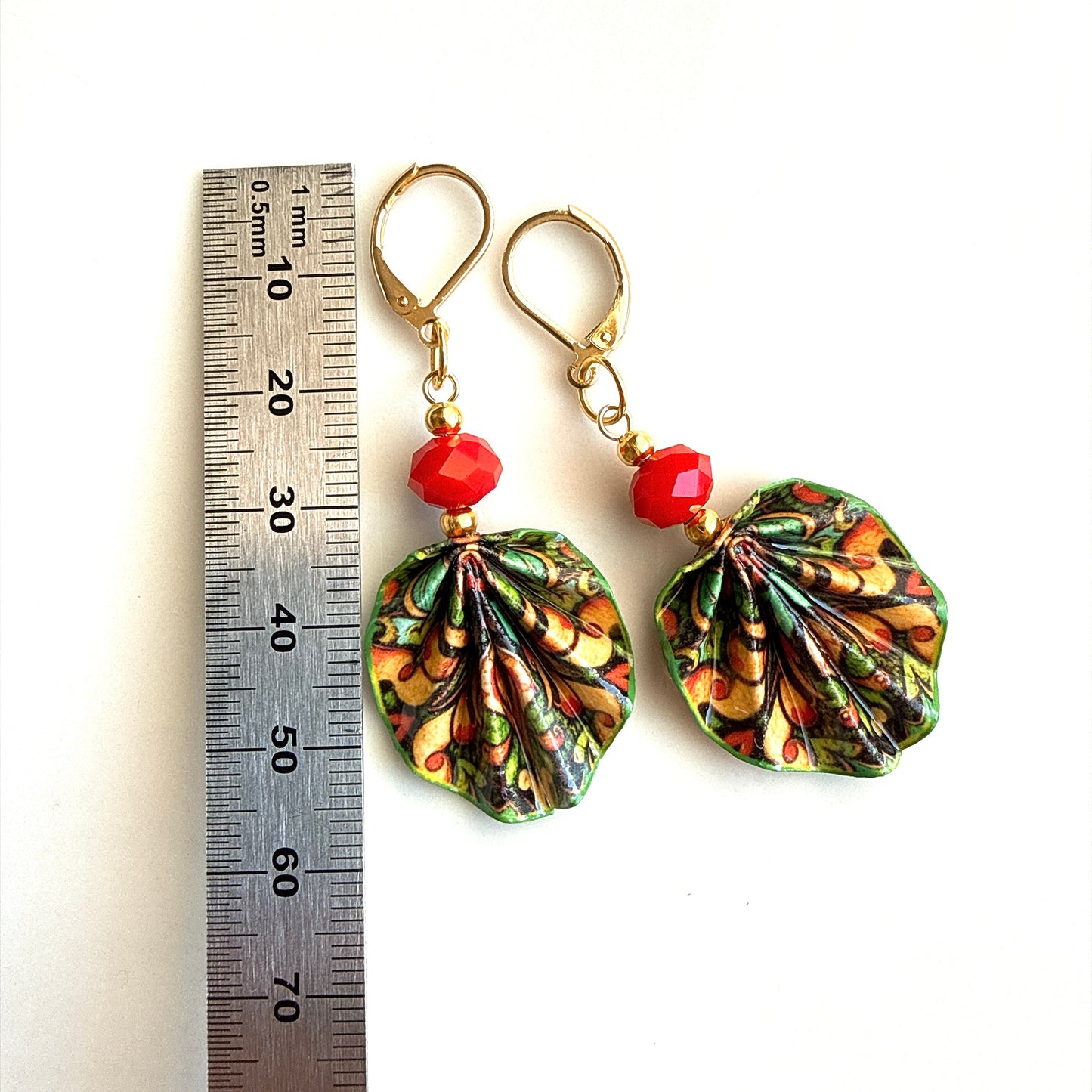 Origami Earrings Green Red : Handmade Paper Jewelry, Lightweight Paper Gift, Rhapsody