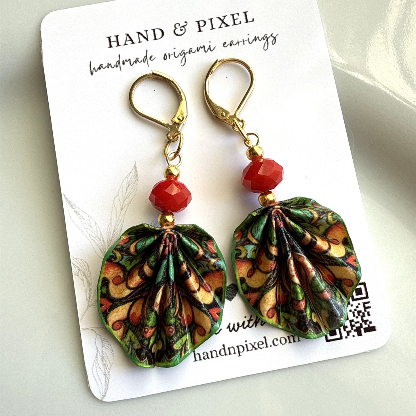 Origami Earrings Green Red : Handmade Paper Jewelry, Lightweight Paper Gift, Rhapsody