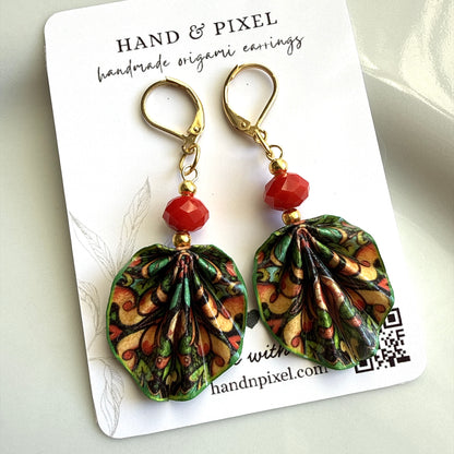 Origami Earrings Green Red : Handmade Paper Jewelry, Lightweight Paper Gift, Rhapsody
