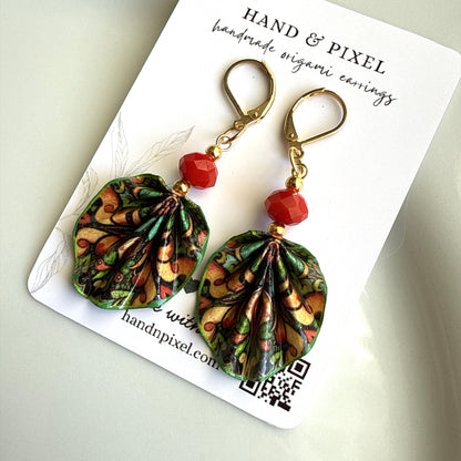 Origami Earrings Green Red : Handmade Paper Jewelry, Lightweight Paper Gift, Rhapsody