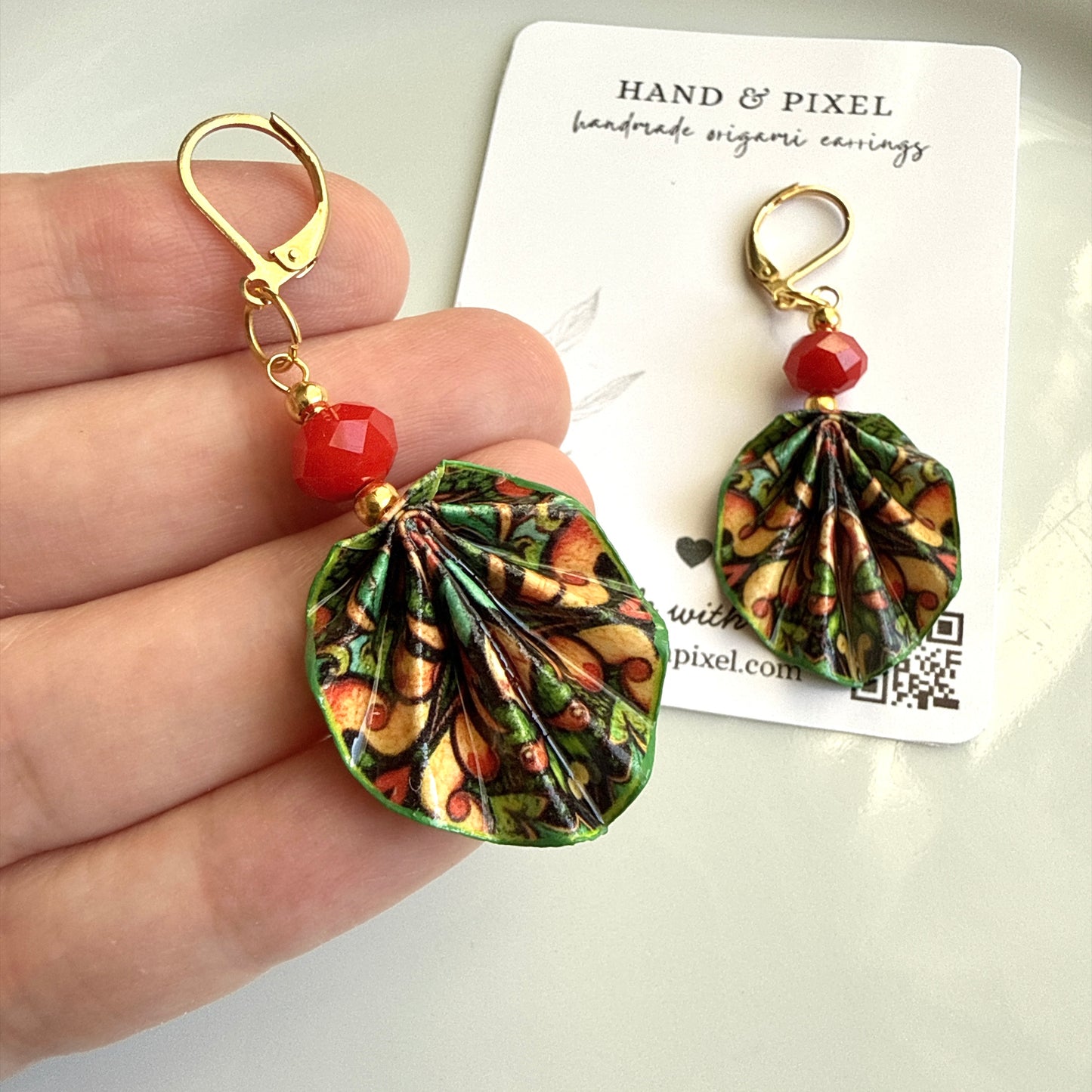 Origami Earrings Green Red : Handmade Paper Jewelry, Lightweight Paper Gift, Rhapsody