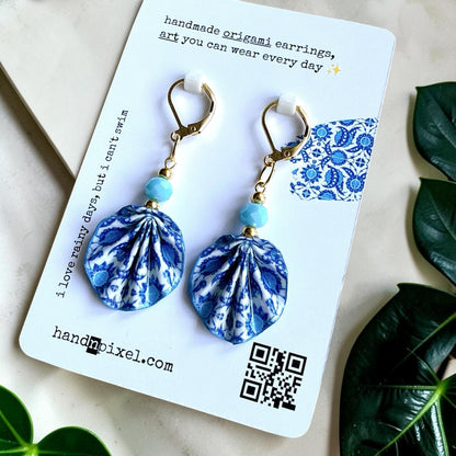 Iznik Tile Pattern Blue Origami Leaf Earrings - Handmade Paper Dangle Earrings