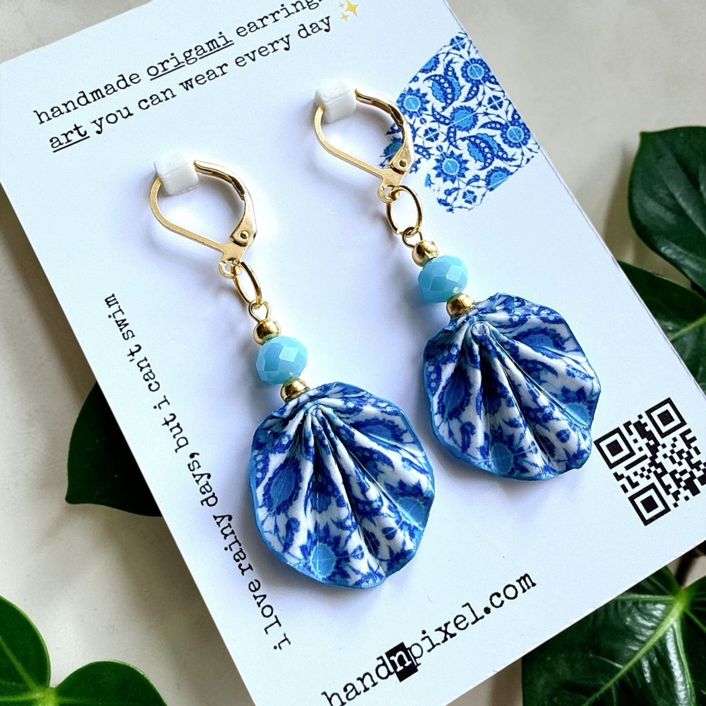Iznik Tile Pattern Blue Origami Leaf Earrings - Handmade Paper Dangle Earrings