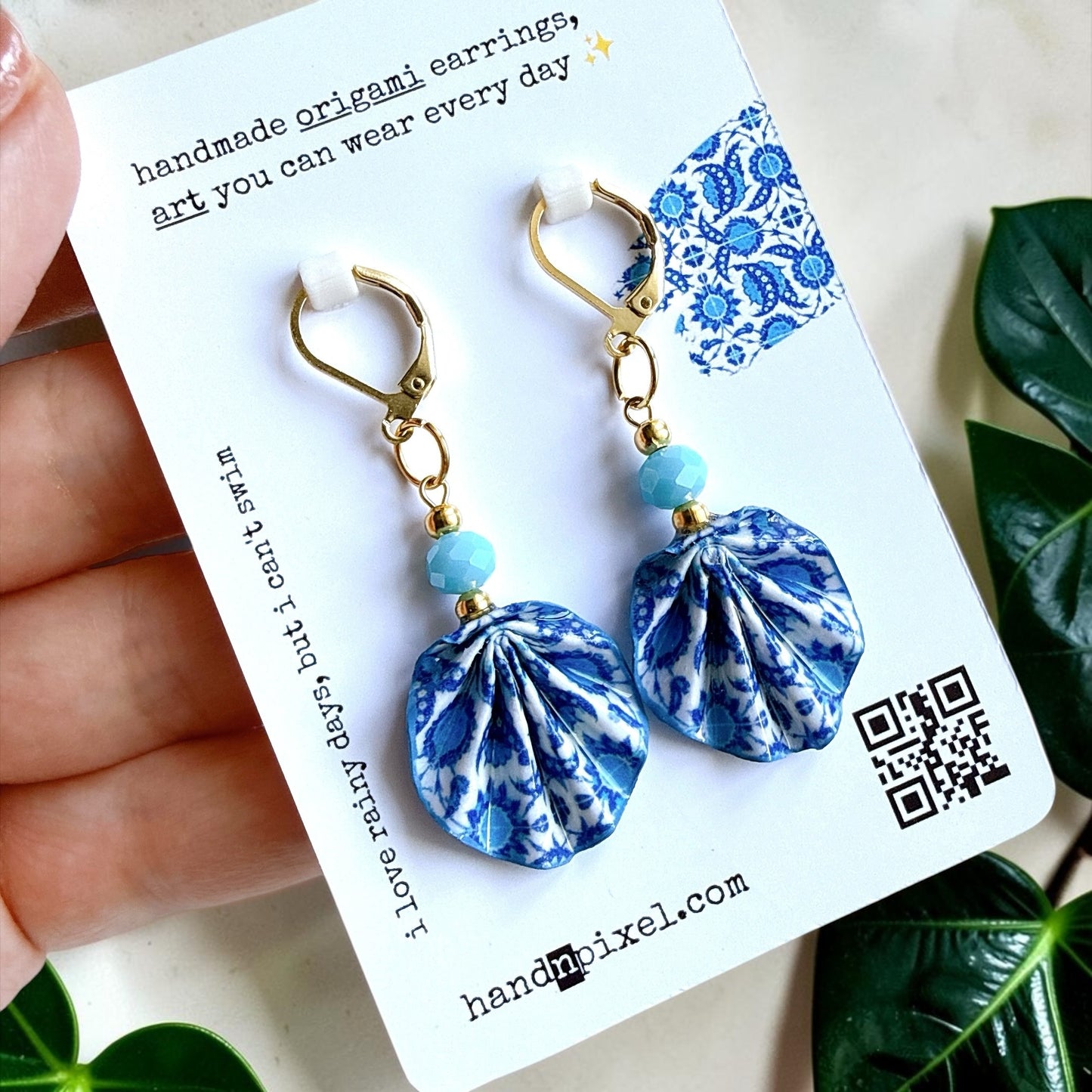 Iznik Tile Pattern Blue Origami Leaf Earrings - Handmade Paper Dangle Earrings