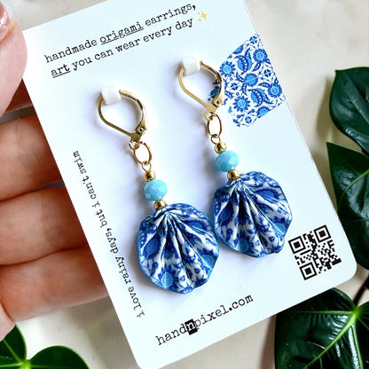 Iznik Tile Pattern Blue Origami Leaf Earrings - Handmade Paper Dangle Earrings