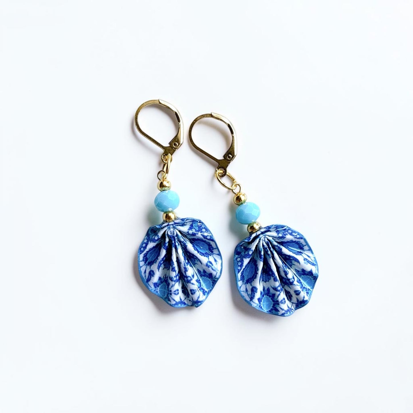 Iznik Tile Pattern Blue Origami Leaf Earrings - Handmade Paper Dangle Earrings