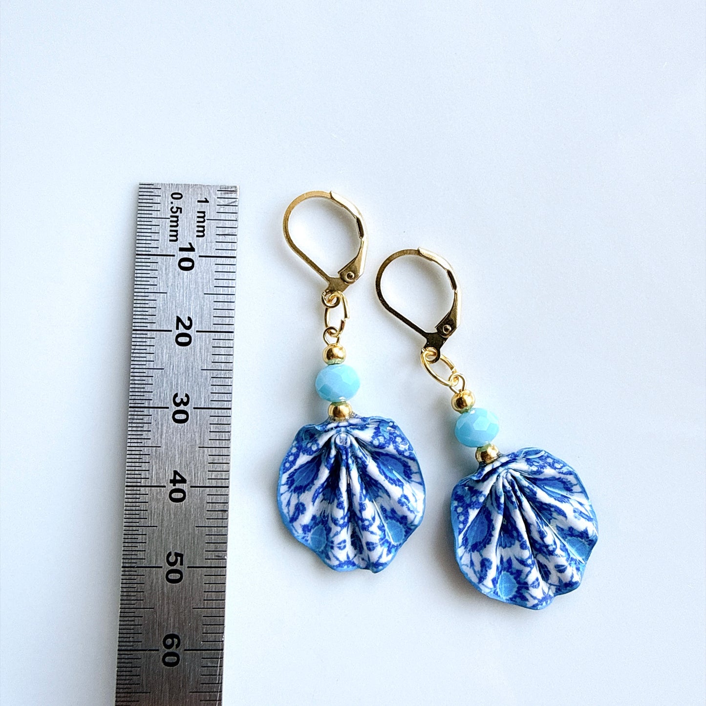 Iznik Tile Pattern Blue Origami Leaf Earrings - Handmade Paper Dangle Earrings