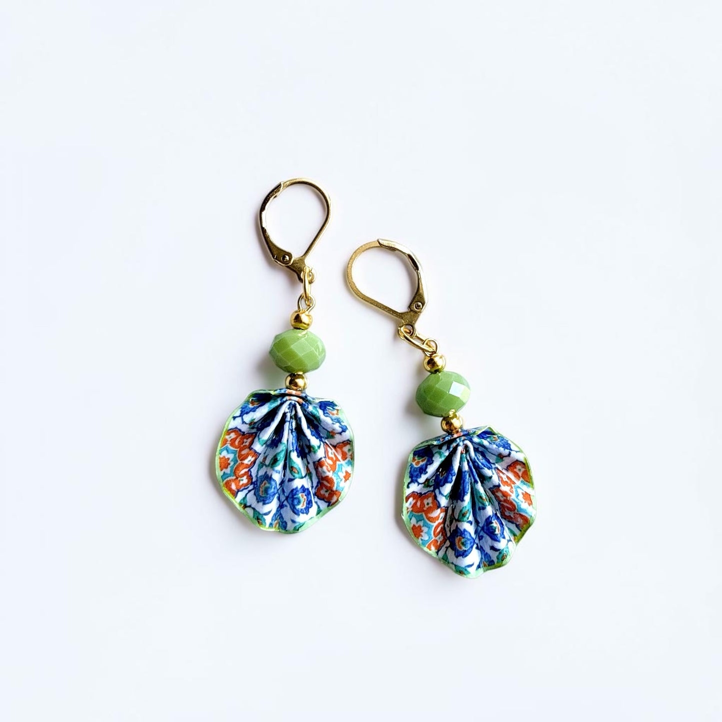 Iznik Tile Pattern Green Origami Leaf Earrings - Handmade Paper Dangle Earrings