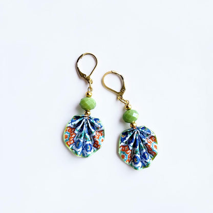 Iznik Tile Pattern Green Origami Leaf Earrings - Handmade Paper Dangle Earrings