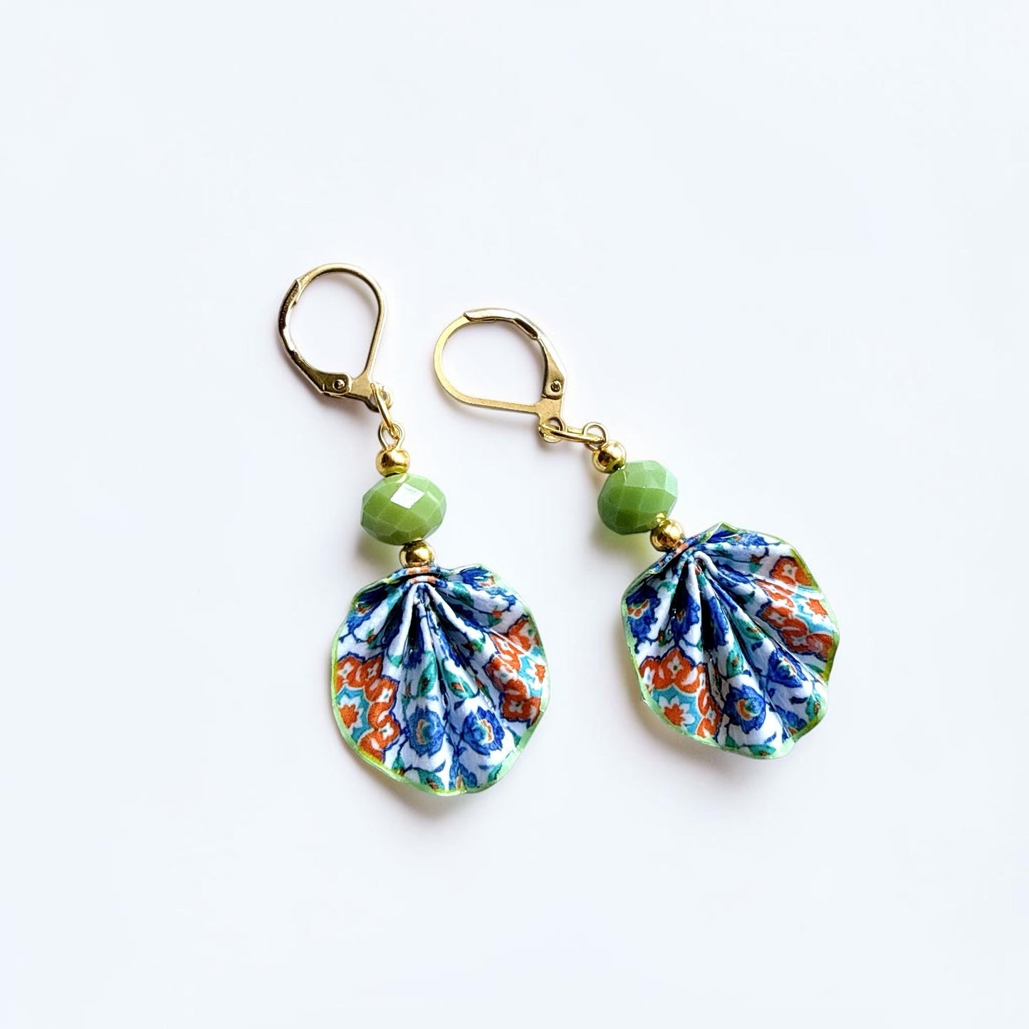 Iznik Tile Pattern Green Origami Leaf Earrings - Handmade Paper Dangle Earrings