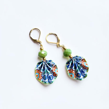 Iznik Tile Pattern Green Origami Leaf Earrings - Handmade Paper Dangle Earrings