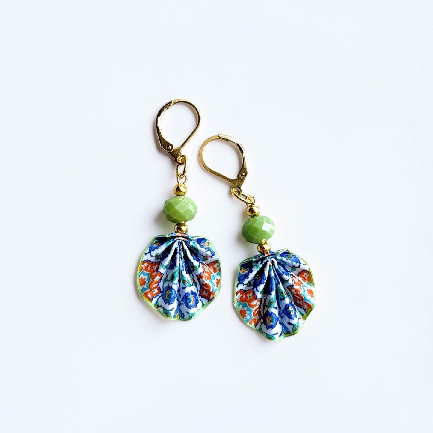 Iznik Tile Pattern Green Origami Leaf Earrings - Handmade Paper Dangle Earrings