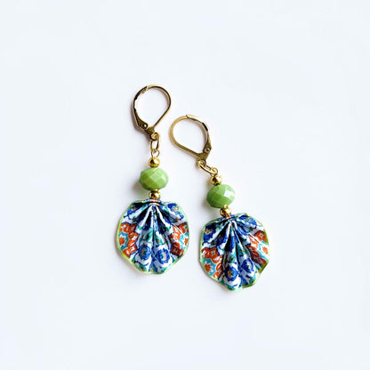 Iznik Tile Pattern Green Origami Leaf Earrings - Handmade Paper Dangle Earrings