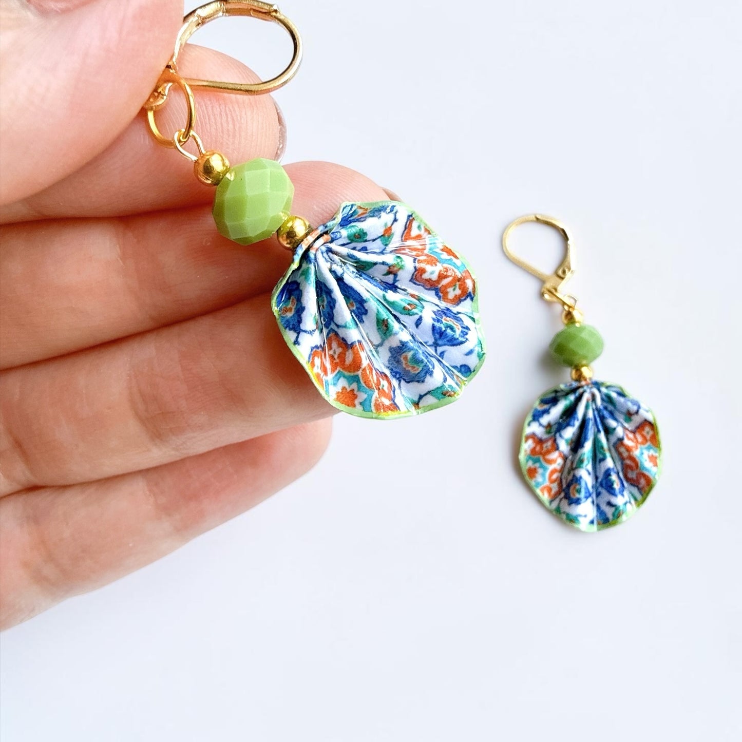 Iznik Tile Pattern Green Origami Leaf Earrings - Handmade Paper Dangle Earrings
