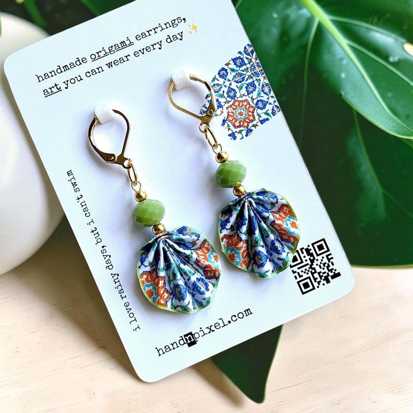Iznik Tile Pattern Green Origami Leaf Earrings - Handmade Paper Dangle Earrings