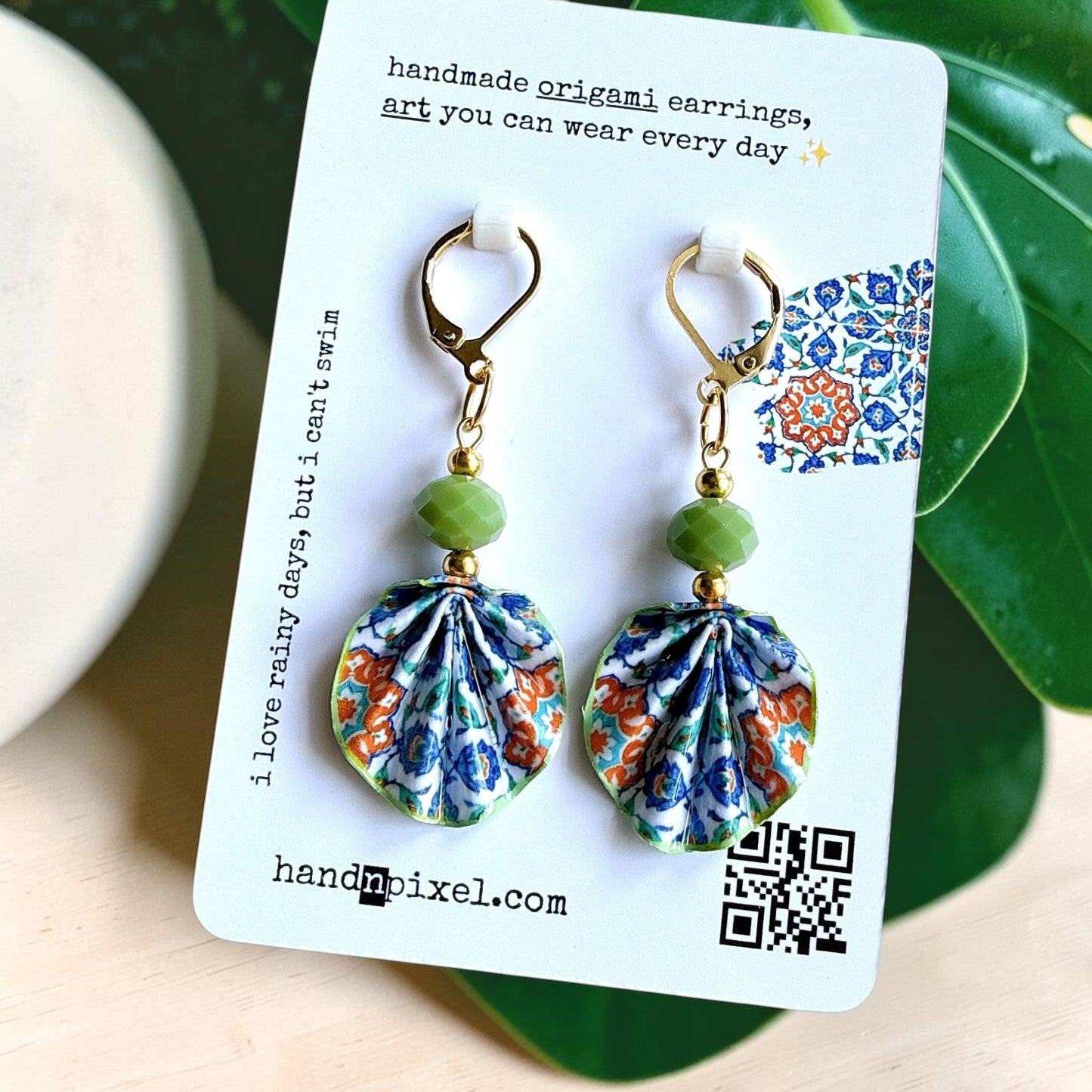 Iznik Tile Pattern Green Origami Leaf Earrings - Handmade Paper Dangle Earrings