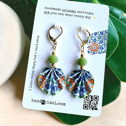 Iznik Tile Pattern Green Origami Leaf Earrings - Handmade Paper Dangle Earrings