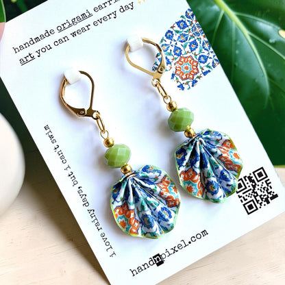 Iznik Tile Pattern Green Origami Leaf Earrings - Handmade Paper Dangle Earrings