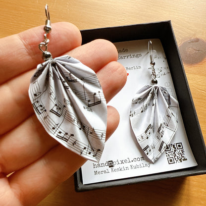 Origami Music Note Leaf Earrings on white background