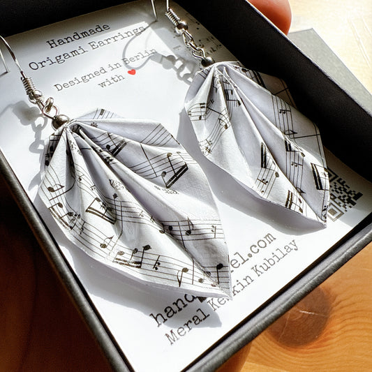 Origami Music Note Leaf Earrings on white background