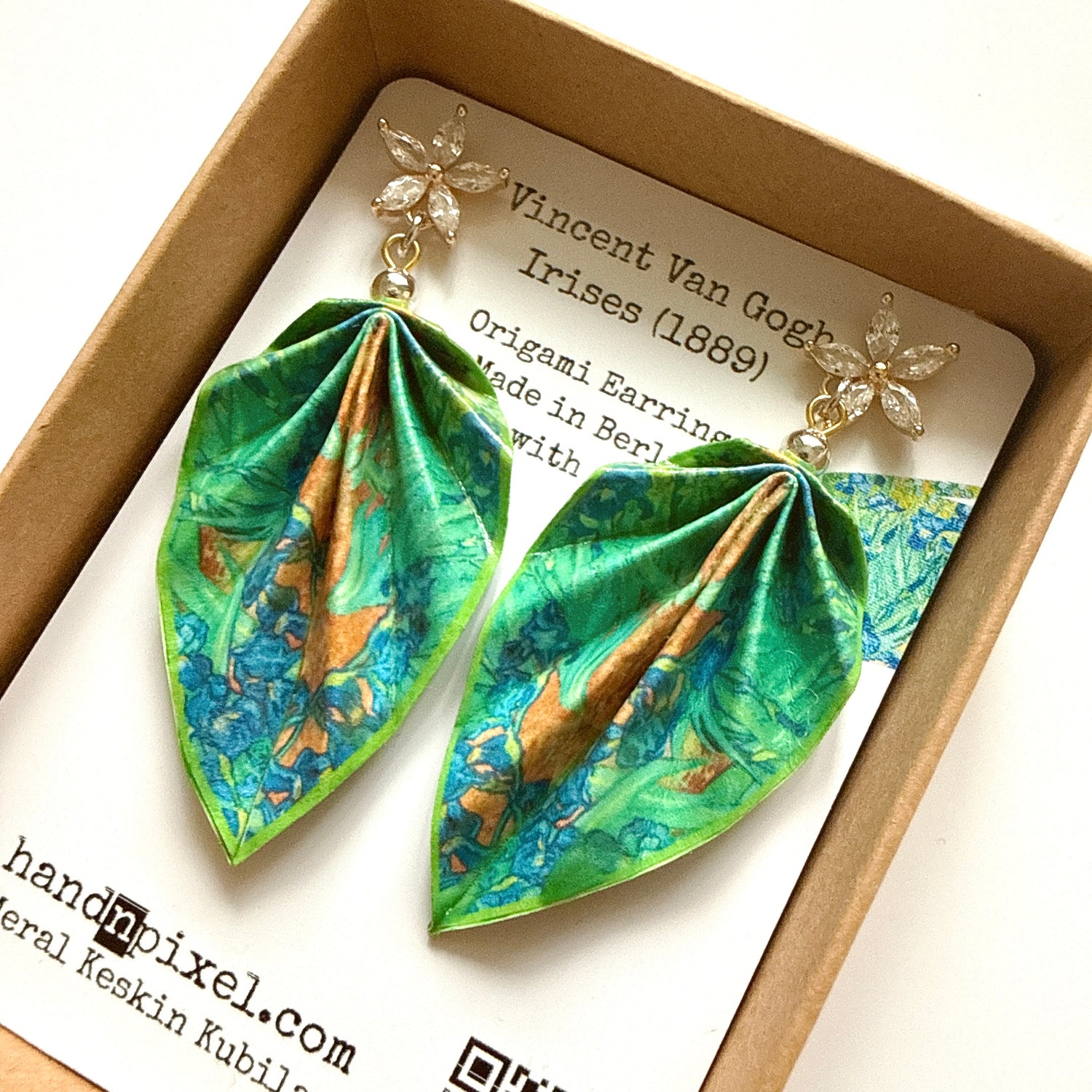 Origami earrings inspired by Vincent Van Gogh's 'Irises' in a box with a card.