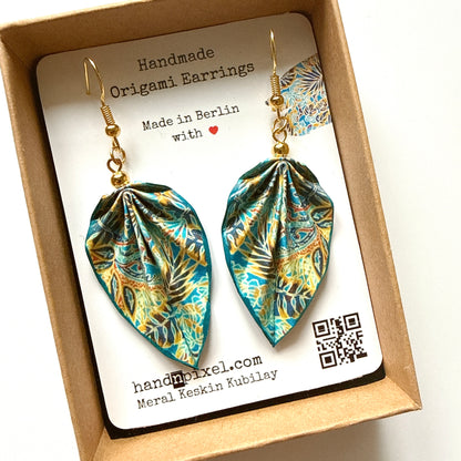 Handmade origami earrings in a box with a label