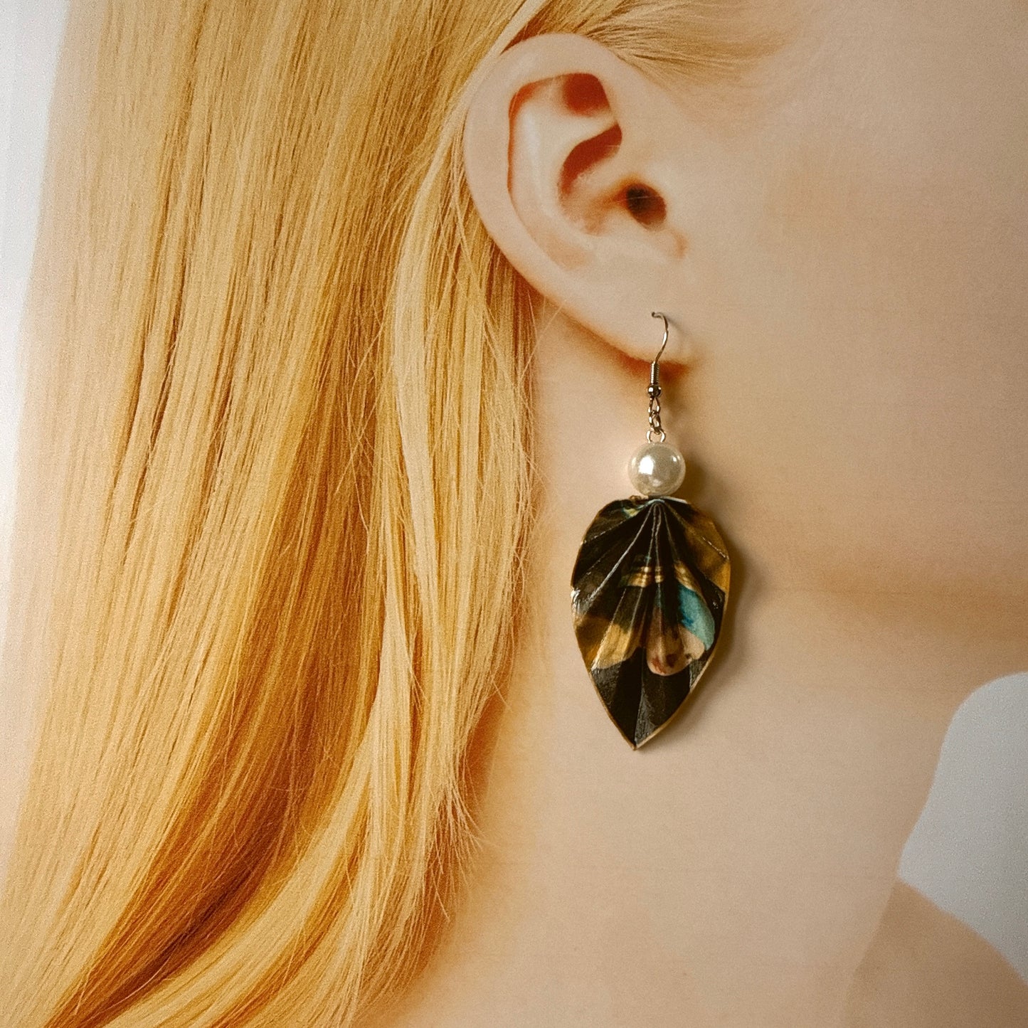 J. Vermeer - Girl with a Pearl Earring (1665) Origami Leaf Earrings: Handmade Paper Jewelry