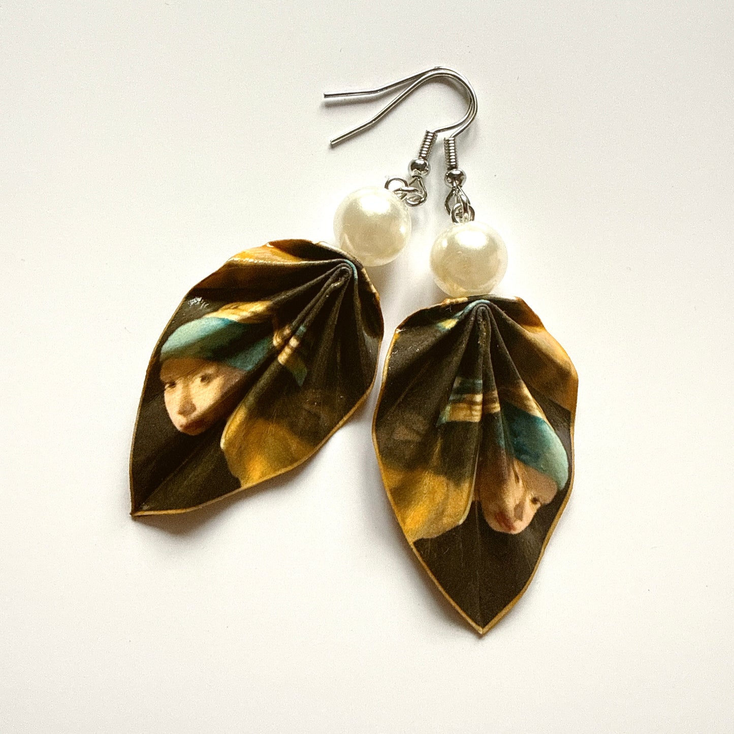 J. Vermeer - Girl with a Pearl Earring (1665) Origami Leaf Earrings: Handmade Paper Jewelry