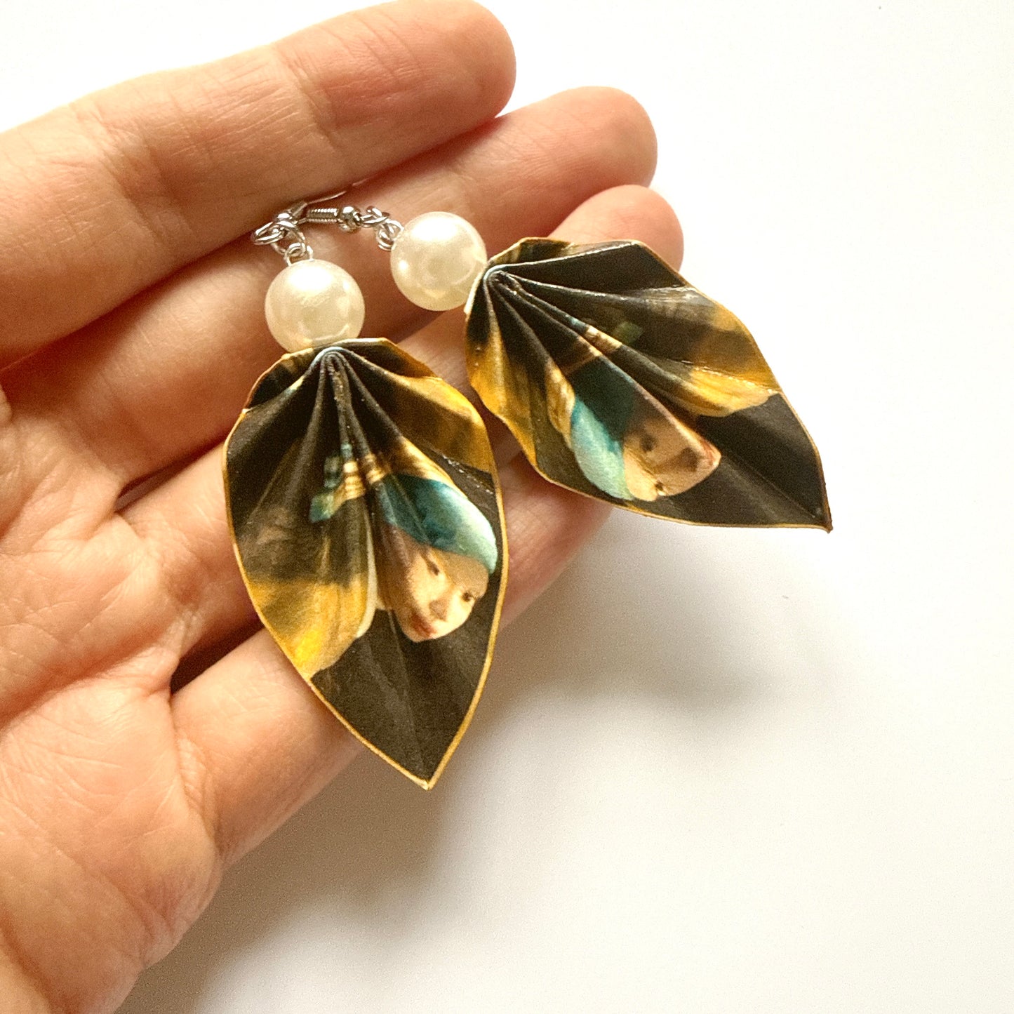 J. Vermeer - Girl with a Pearl Earring (1665) Origami Leaf Earrings: Handmade Paper Jewelry