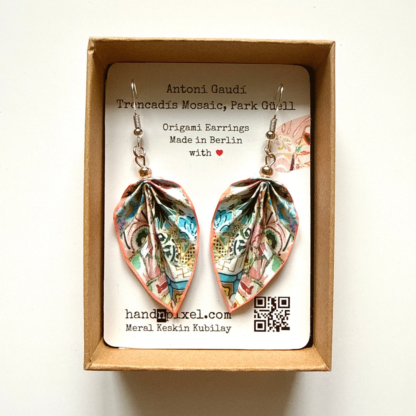 Gaudi Trencadis Mosaic Origami Leaf Earrings: Handmade Paper Jewelry