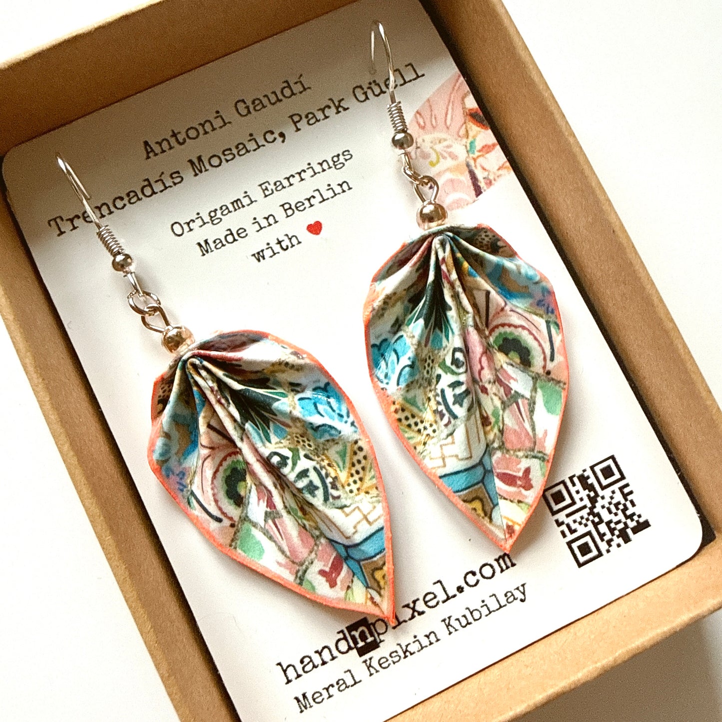 Gaudi Trencadis Mosaic Origami Leaf Earrings: Handmade Paper Jewelry