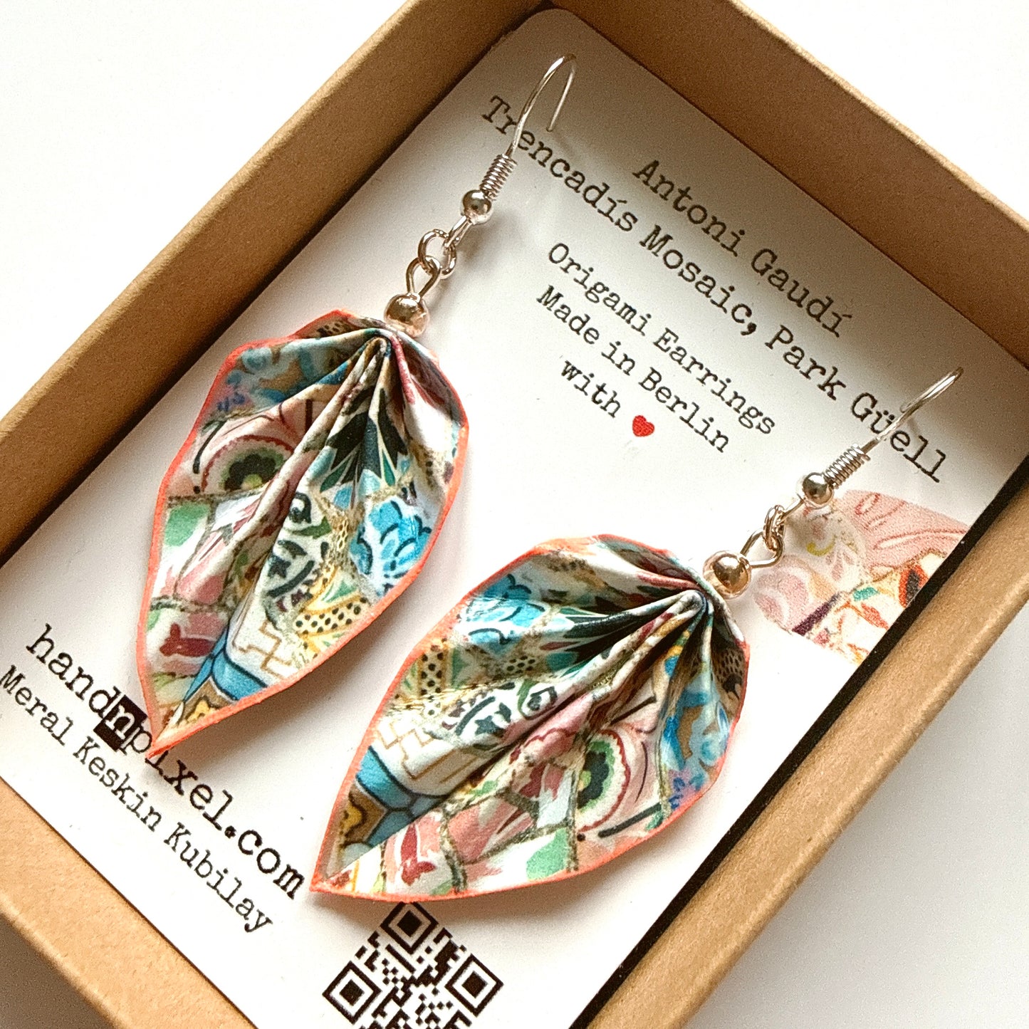 Gaudi Trencadis Mosaic Origami Leaf Earrings: Handmade Paper Jewelry