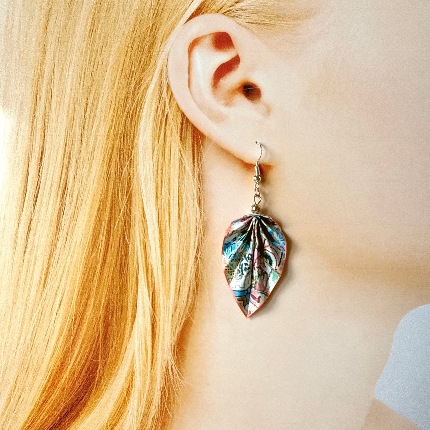 Gaudi Trencadis Mosaic Origami Leaf Earrings: Handmade Paper Jewelry
