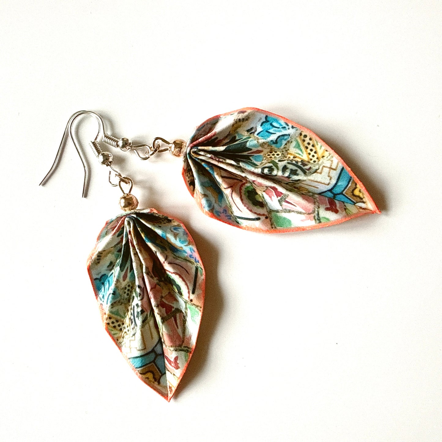 Gaudi Trencadis Mosaic Origami Leaf Earrings: Handmade Paper Jewelry