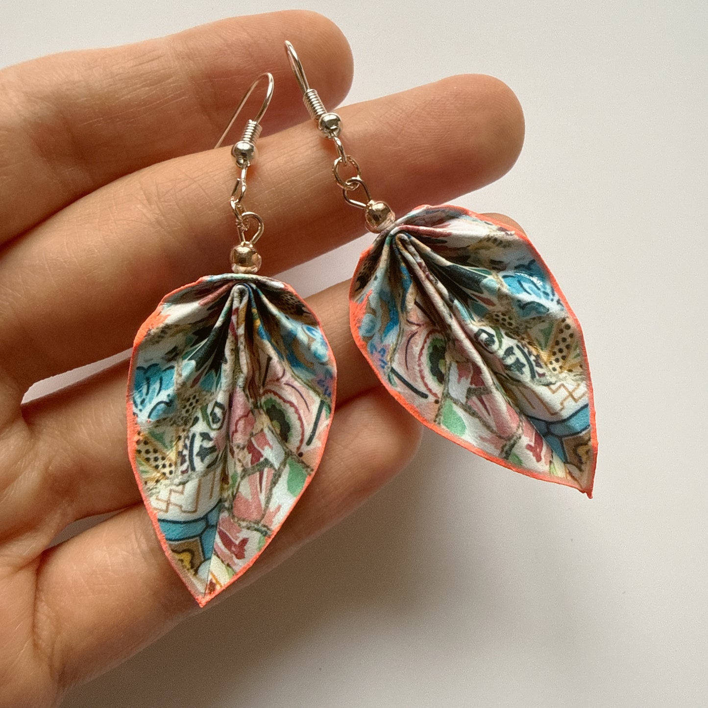 Gaudi Trencadis Mosaic Origami Leaf Earrings: Handmade Paper Jewelry