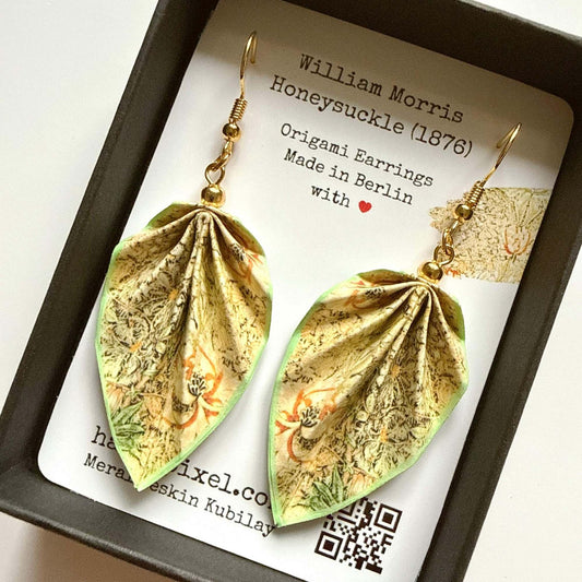 William Morris inspired honeysuckle origami leaf earrings with vintage floral design