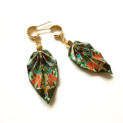 Origami Leaf Earrings Quiet : Handmade Paper Jewelry, Lightweight Paper Gift