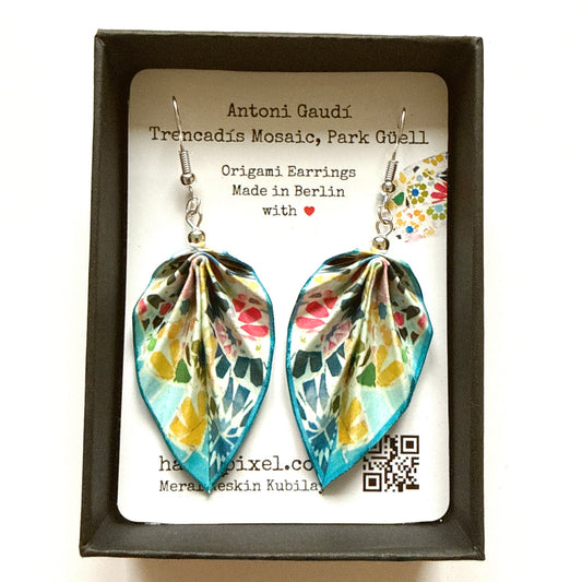 Origami Leaf Earrings Gift: Handmade Paper Jewelry -  Antoni Gaudí’s Trencadis Mosaic Blue