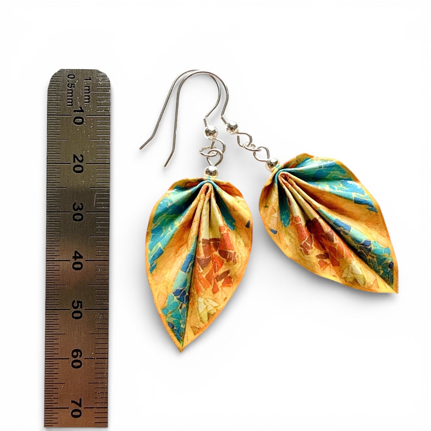 Gaudí Inspired Mosaic Origami Leaf Earrings Terra – Handmade Lightweight Paper Jewelry