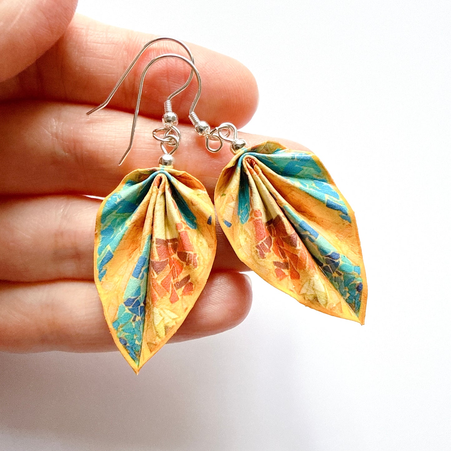 Gaudí Inspired Mosaic Origami Leaf Earrings Terra – Handmade Lightweight Paper Jewelry
