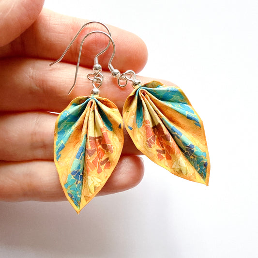 Gaudí Inspired Mosaic Origami Leaf Earrings Terra – Handmade Lightweight Paper Jewelry