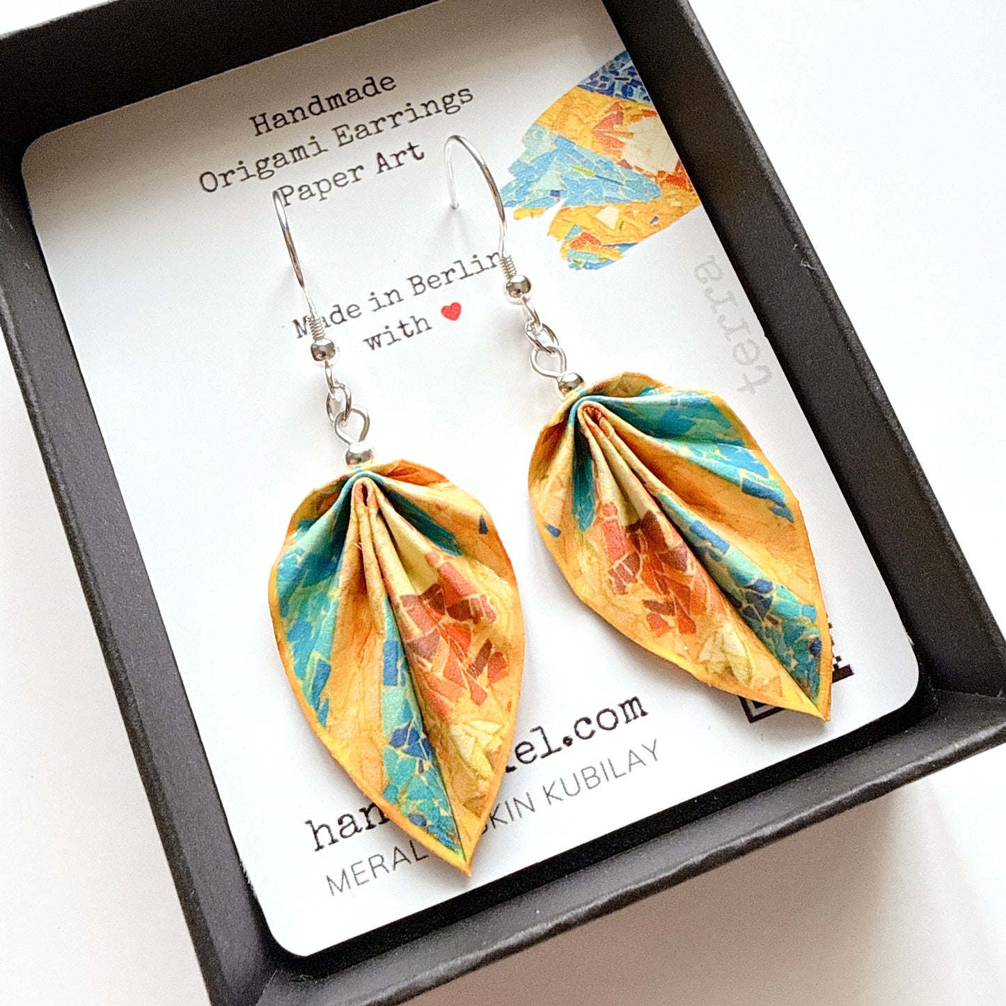 Gaudí Inspired Mosaic Origami Leaf Earrings Terra – Handmade Lightweight Paper Jewelry