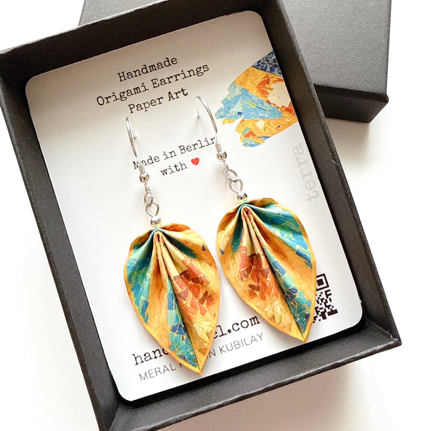 Gaudí Inspired Mosaic Origami Leaf Earrings Terra – Handmade Lightweight Paper Jewelry